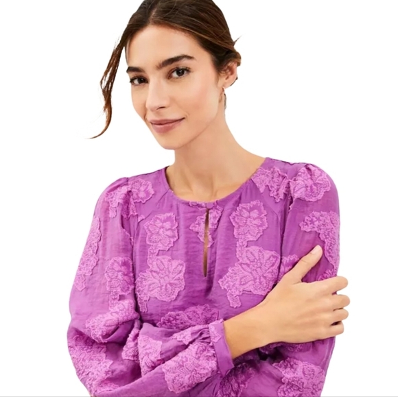 LOFT Floral Jacquard Keyhole Blouse In Violet - Picture 11 of 12